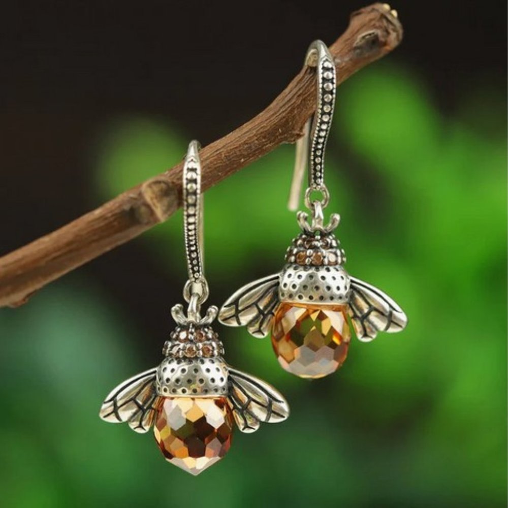 Hand Made Lovely Bee Kiss Yellow Zircon and Sterling Silver Drop Earrings
